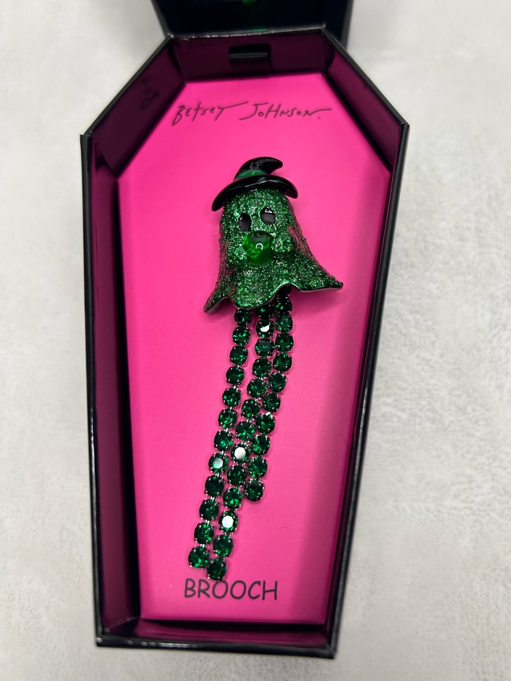 Betsey Johnson Green Glitter Ghost Rhinestone Dangle Brooch NWT - Picture 3 of 8